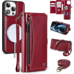 Wallet Case for iPhone 15 Pro Max with Card Holder/Crossbody Wallet/Strap| RFID Blocking | Magnetic | Kickstand | Detachable | PU Leather Phone Case for iPhone 15 Pro Max,6.7 in,Wine Red