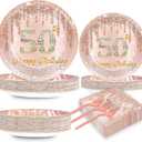 200 PCS Happy 50th Birthday Party Plates Napkins Pink Rose Gold Tableware Set for Women 1975 Decorations Dessert Plates Forks Serve 50 Guests for Girls 50th Birthday Party Supplies