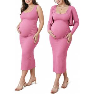 2 PCS Maternity Dress Short Cardigan Set Maxi Bodycon Formal Dresses Spring Summer Casual Baby Shower for Women (Pink, XL)