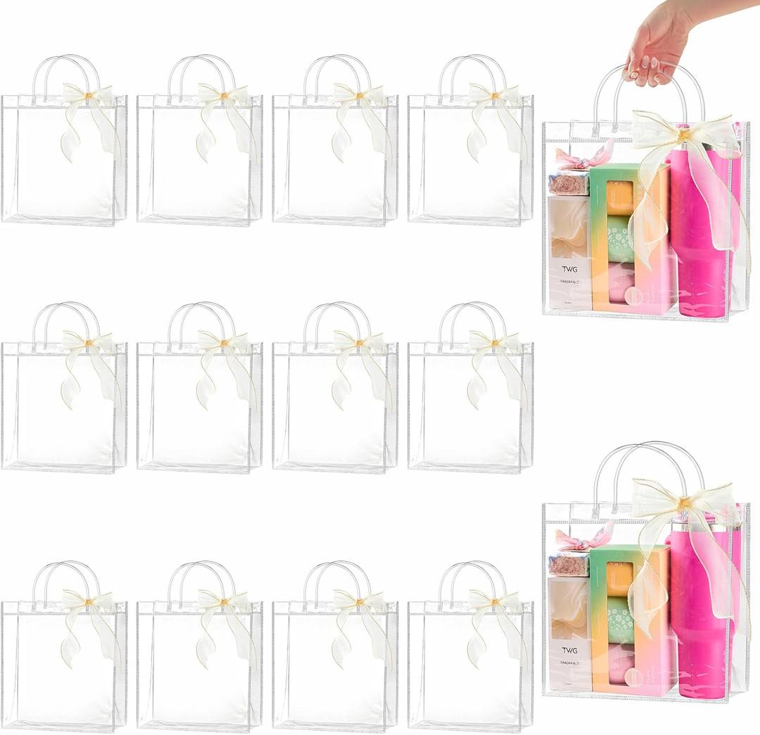 Ohuimrt 20 PCS Clear Plastic Gift Bags with Handles, 11 x 11 x 3.94 Inches Reusable Party Favor Bags with Ribbon Transparent Gift Wrap Bags Bulk for Weddings Birthdays