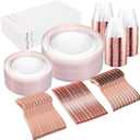 GATHER 350PCS Rose Gold Plastic Plates - Disposable Rose Gold Dinnerware Includes 100 Clear Rose Golds Rimmed Plastic Plates, 150 Silverware, 50 Napkins, 50 Cups for Party, Wedding, Mother's Day