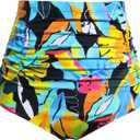 Tempt Me Women's High Waisted Swimsuit Bottom Tummy Control Ruched Bikini Bottom Vintage Swim Bottom Tankini Briefs (Large, Colorful Floral)