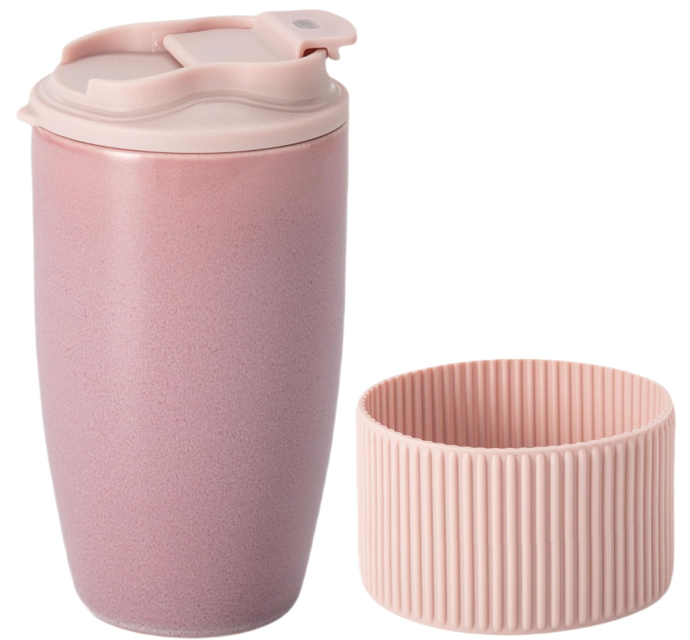 Ceramic Travel Coffee Mug with Polypropylene Lid and Insulated Sleeve, 16 oz, Portable Coffee Cup for Car Cup Holder, Transmutation Glaze Microwave and Dishwasher Safe(Pinkish Purple)