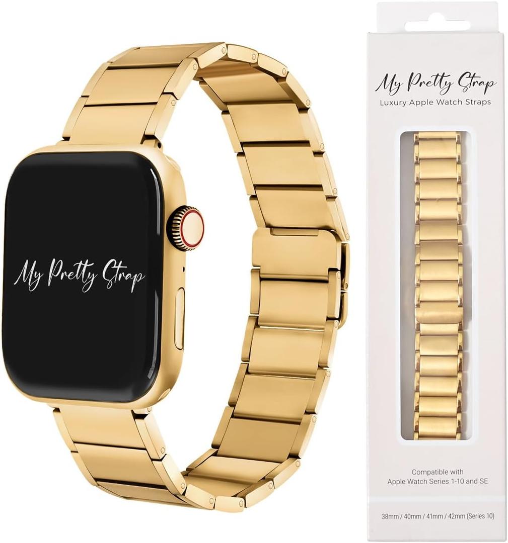My Pretty Strap - Compatible Apple Watch Band Strap, Stainless Steel Fashion iWatch Replacement Strap- Easy Resizing, No Tool Needed, Fits Most Wrists (44MM / 45MM / 46MM / 49MM / 42MM (Series 1-3), Angelic Gold)