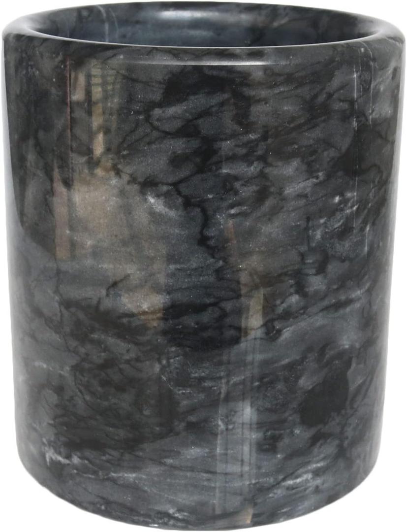HillSpring Black Marble Kitchen Utensil Holder, Weighted Utensil Organizer Crock for Countertop, Marble Cooling Container with Protective Padded Base