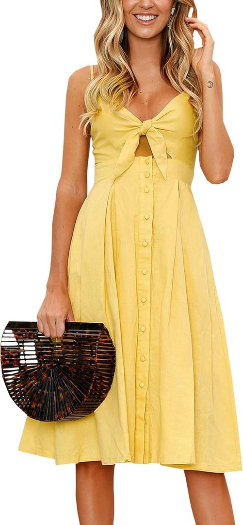 ECOWISH Women 2026 Summer Dresses Tie Front V-Neck Spaghetti Strap Button Down A-Line Backless Swing Midi Dress, Small