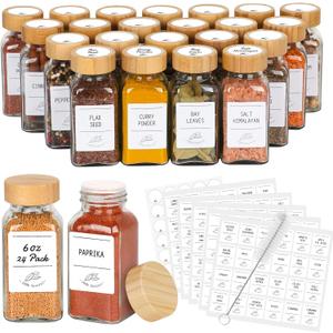 AuroTrends Glass Spice Jars with Bamboo Lids 6oz 24Pack, Spice Jars with Label Complete Set-6oz Spice Containers with Blank & Pre-printed Spice Labels and Straw Brush (6oz 24Pack, Bamboo Lids)