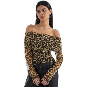 SUUKSESS Women Mesh Off The Shoulder Tops Sexy Going Out Ruched Foldover Shirt Summer Outfits (XS)