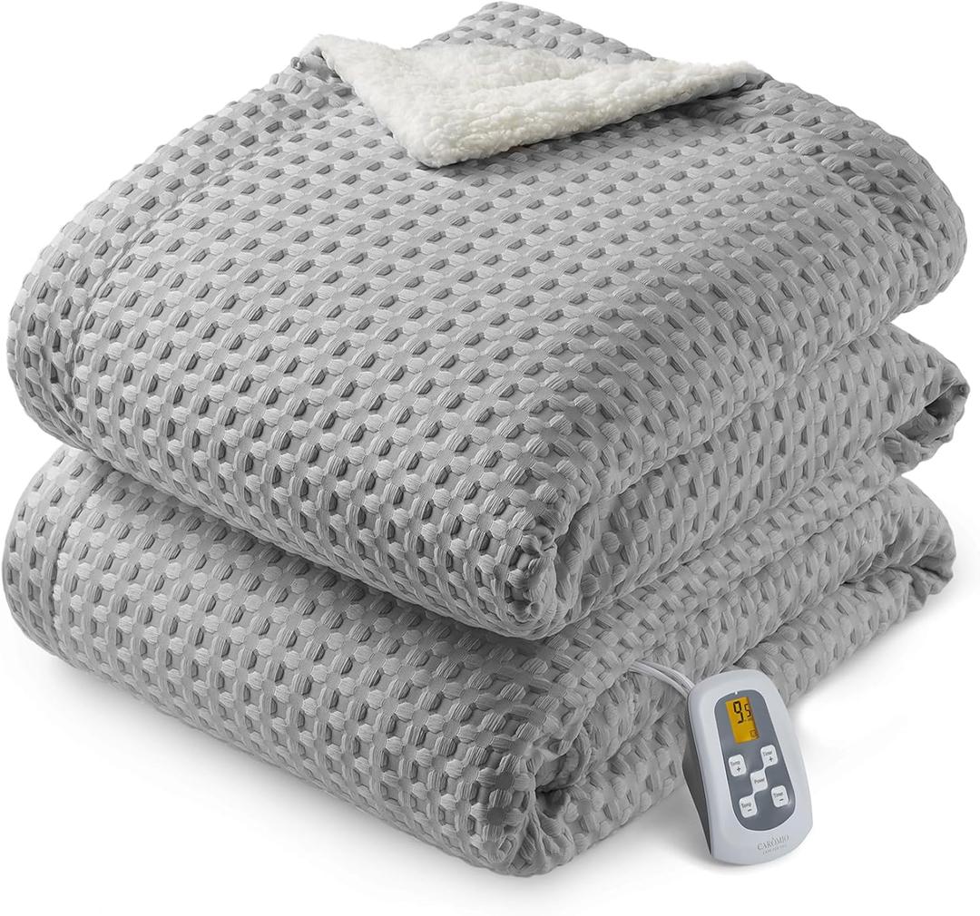 CAROMIO Heated Blanket Full Size, Waffle Weave Electric Blanket Throw with LCD Controller, Fast Heating, 10 Heat Levels & 1-12H Time Settings, ETL Certified, Machine Washable, Grey, 72" x 84"