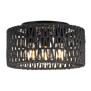 Rattan Ceiling Light Fixture, 3Light Bohemian Modern Woven Ceiling Light, Black Boho Flush Mount Ceiling Light for Bedroom Living Room Dining Room, Bulb Not Included, Black