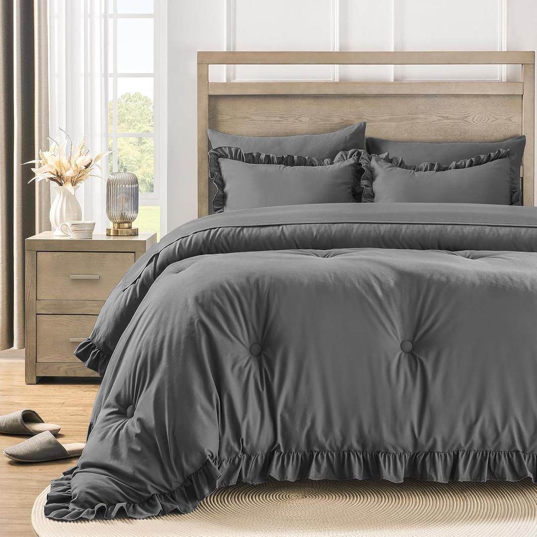 QUIETSEA Queen Bed in a Bag 7 Pieces Comforter Set Queen, Ruffle Shabby Chic Bedding Comforter Set Dark Grey Bed Set with Comforter, Pillowcases, Flat Sheet, Fitted Sheet and Pillow Shams