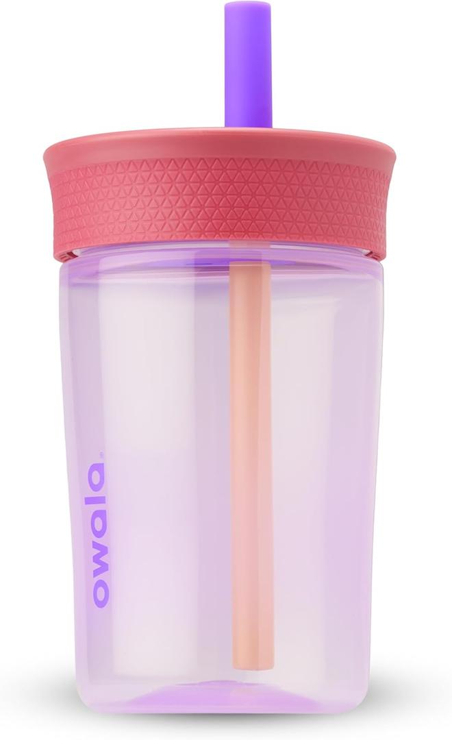 Owala Kids Insulation BPA-Free Plastic Tumbler with Spill Resistant Flexible Straw, Easy to Clean, Kids Water Bottle, Great for Travel, Dishwasher Safe, 15 Oz, Pink and Purple (Lilac Rocket)