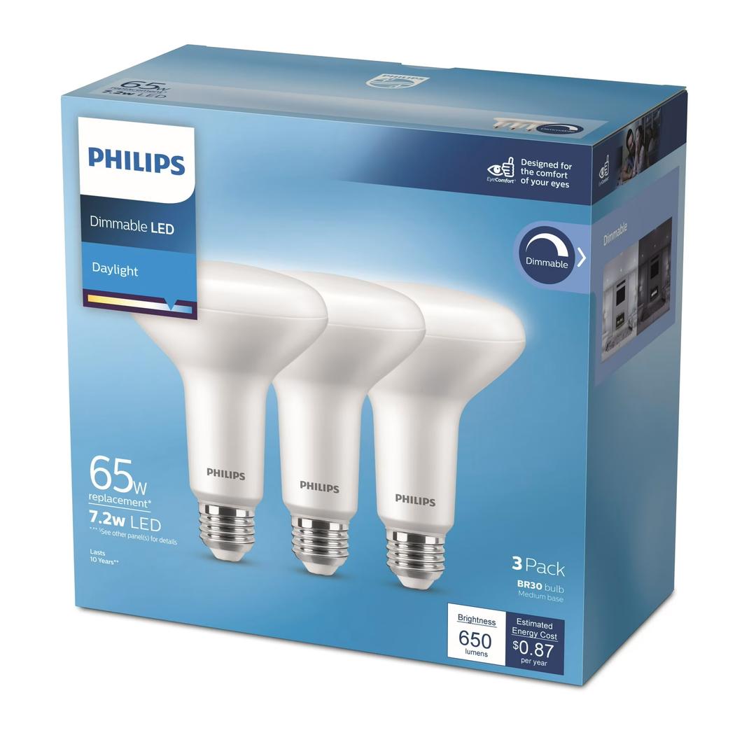 Philips LED 65-Watt BR30 Light Bulb, Frosted Daylight, Dimmable, E26 Base (6-Pack), 3PCS