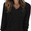 Long Sleeve Shirts for Women V Neck Loose Sweaters Casual Fall Tops Fashion Clothes 2025 (Black, L)