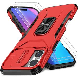 Case for iPhone 16 Plus with Slide Camera Cover+Screen Protector(2 Packs), Military Grade Shockproof Protective Cover, Rotated Ring Kickstand(A - Red)