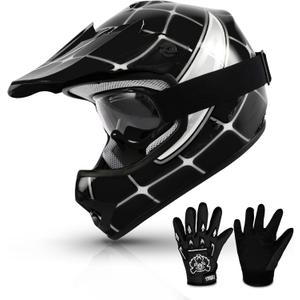 TCMT Youth Dirt Bike Helmet DOT Certified - Kids Full Face Motocross ATV Helmet with Goggles, Gloves and Helmet Bag for Off-Road, BMX, MX, Street Riding (Pattern:Black Spider) Size: Youth Small