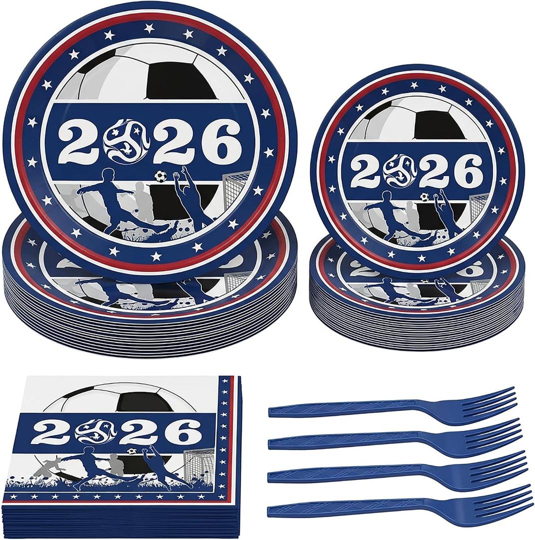 2 x World Cup 2026 Soccer Party Decorations - 100Pcs Disposable Paper Plates and Napkins Party Supplies for Soccer Themed Birthday, Game Day Watch Parties, Fan Celebrations (For 25 Guests)