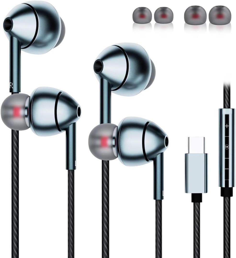 USB-C Wired Earbuds with Microphone, Volume Control, Noise Canceling, Compatible with Samsung Galaxy S24 S23 S22, iPhone 15, Pixel Phones (2Pack-Gray)