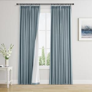 Pinch Pleated 100% Blackout Linen Curtains 84 Inch Length 2 Panel Sets for Bedroom Living Room TextureThermal Black Out Curtains with Hooks Rings Back Tab Darkening Soundproof Drapes Dusty Blue