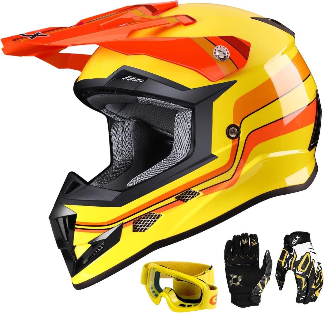 GLX GX623 Youth ATV/Dirt Bike Helmet Combo - Retro Yellow, Small - DOT