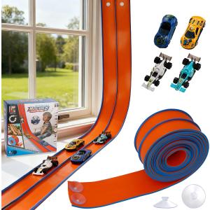 Flexible Race Car Track 15 Ft Starter Set for Kids Age 3+, Rolls Up Portable Flex Track Compatible with Diecast 1/64th Cars, Long Kids Car Ramp Toy with Suction Cups (Orange)
