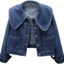 ASHER FASHION Womens Peter Pan Collar Jean Jacket Long Sleeve Cropped Denim Jackets Fall Button Jeans Coat with Pockets (X-Large, Blue)