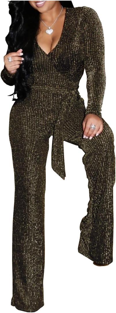 LightlyKiss Women Casual Sexy V Neck Sparkly Jumpsuits Long Sleeve Onesie Loose Pants Party Clubwear with Belt (Medium, Gold)