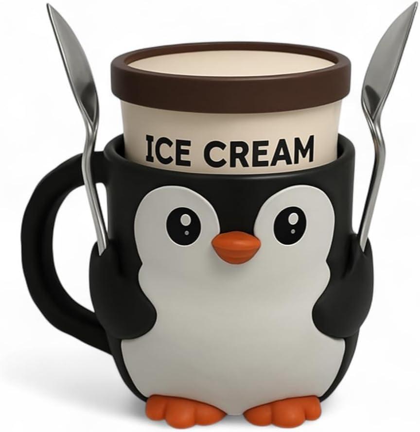 Ice Cream Pint Holder – Fits Standard Pints – Dual Spoon Sockets – Keeps Hands Warm – Fun Unique Designs with Vibrant Colors – Reusable Ice Cream Sleeve - Ramen Noodle Holder (Penguin)
