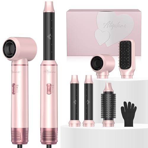 Atopskins 5 in 1 Hair Dryer Brush Set, Hot Air Styler, Detachable Blow Dryer Brush, 3 Heat Settings Auto Curling Wrap Styler, Ionic Hair Styling Tools, Straight Curl Dry Volumiz Smooth (Pink)