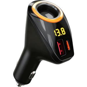 Cigarette Lighter Splitter, 4-in-1 Cigarette Lighter Adapter with 65W USB C PD3.0 & 22.5W QC3.0 Fast Charging + LED Voltage Display & Expandable 12V Socket Car Charger for iPhone 17/ 16/ 15 Samsung S25