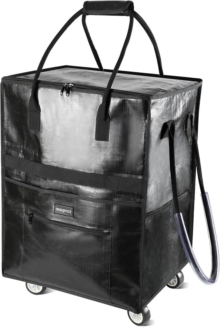 Reusable Grocery Bag with 5 Heave-Duty Wheels, Large Capacity Rolling Tote Bag Waterproof Foldable Shopping Trolley for Groceries, Camping, Laundry, Apartment, Beach Trip, Black, Large