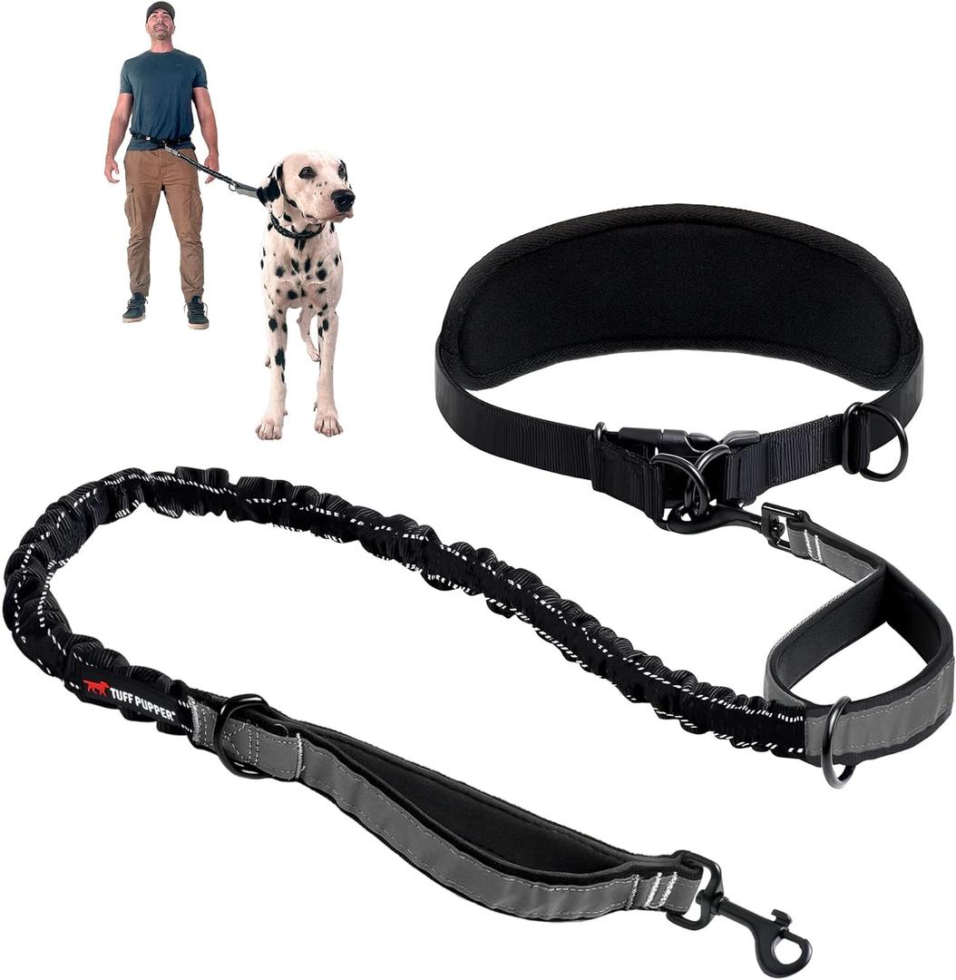 Tuff Pupper Heavy Duty Hands Free Dog Leash | One Large Dog Up to 125 lbs | Comfortable Shock Absorbing Bungee | Reflective Padded Handles | Lumbar Waist Belt 22-45" | Walking Jogging Running Leash