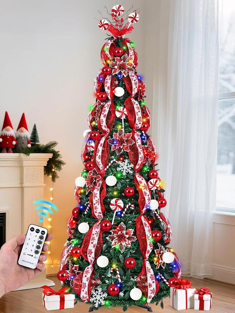 Dolicer 6 FT Pop Up Christmas Tree with Lights, Collapsible Christmas Trees with Abundant DIY Ornaments, Remote Control & 180 Colorful LED Lights, Easy Assemble Pretty Xmas Trees Holiday Party Decor