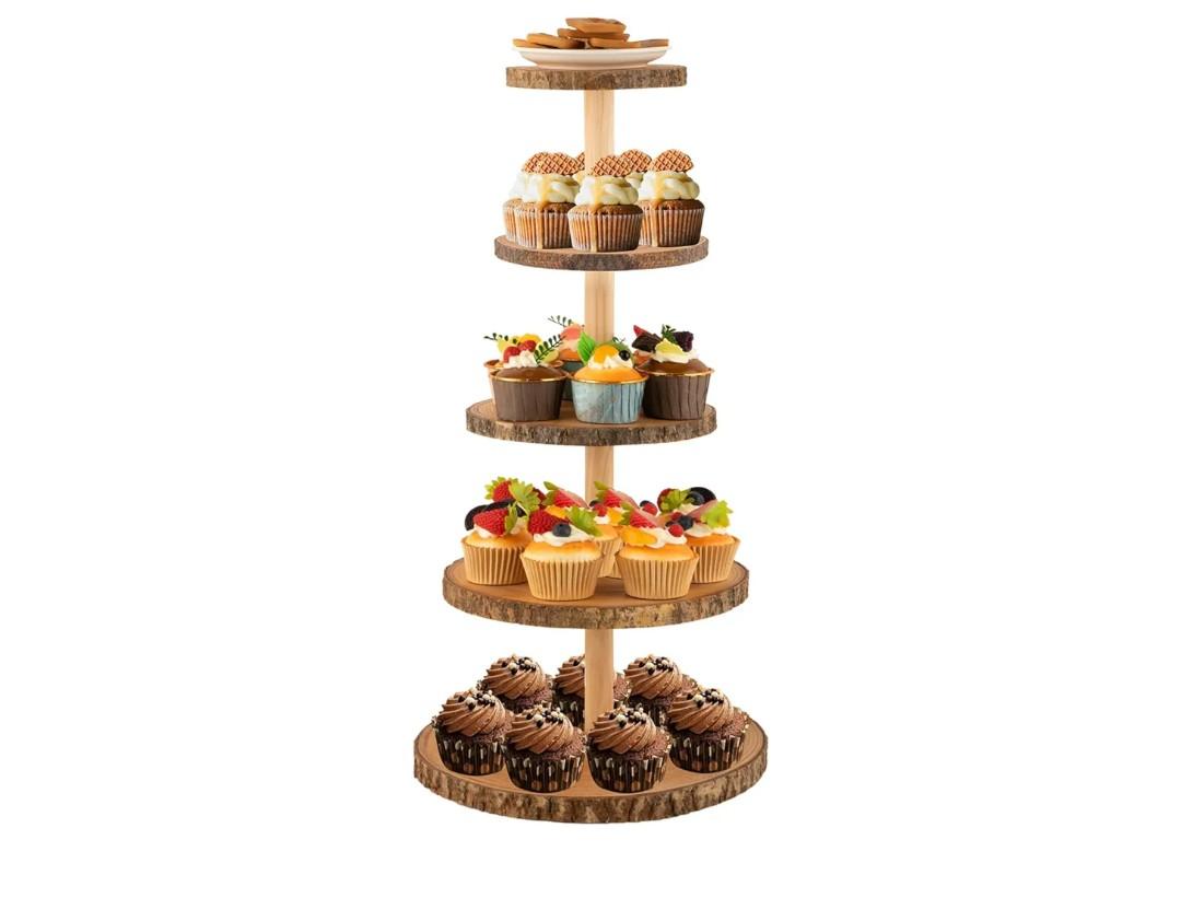 Gusnilo Wooden 5-Tier Rustic Cupcake Stand for Wedding Cakes, Tiered Dessert Tower Display Centerpiece for Parties, Events & Celebrations