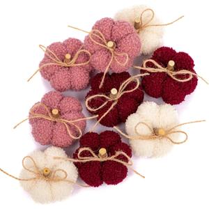 Fake Fall Pumpkin Decorations for Home, 9 Pcs Artificial Mini Fabric Pumpkins Autumn Decor, Fake Pumpkins for decorating, Fall Table Centerpiece Harvest Decor, Halloween, Thanksgiving, Burgundy & Pink (#1 Burgundy Set of 9)