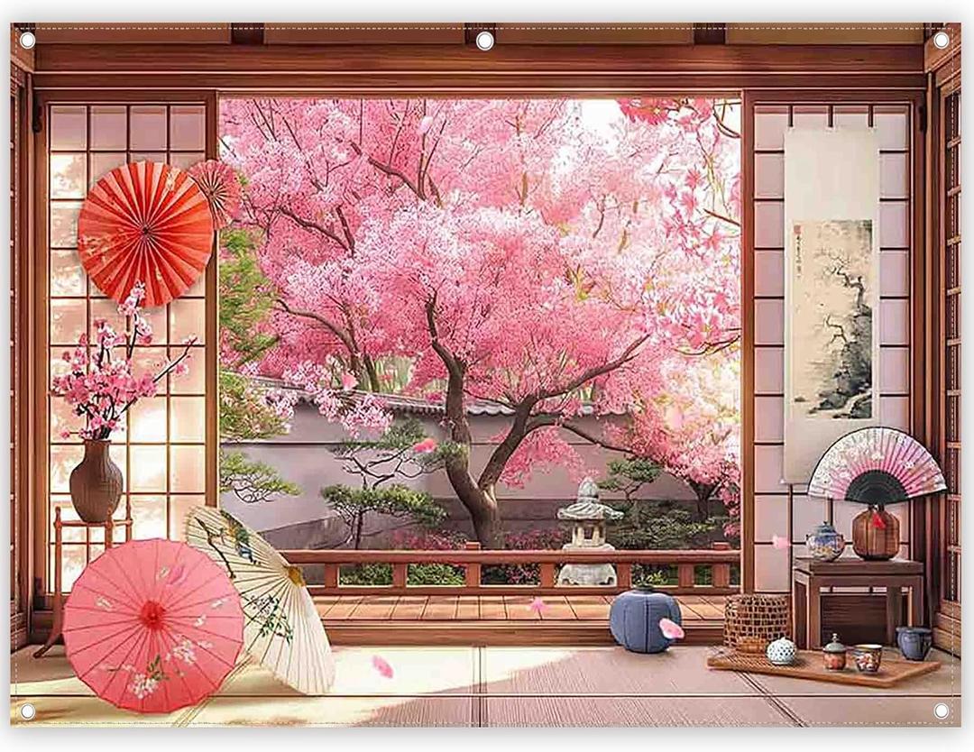 8x6ft Fabric Spring Cherry Blossoms Backdrop Japanese Sakura Garden Photography Background Room Courtyard Indoor Party Decorations Photo Banner Props