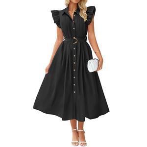 ZESICA Women's 2025 Summer Boho Button Midi Dresses Casual V Neck Flutter Sleeve Belted Long Dresses with Pockets,Black,Medium