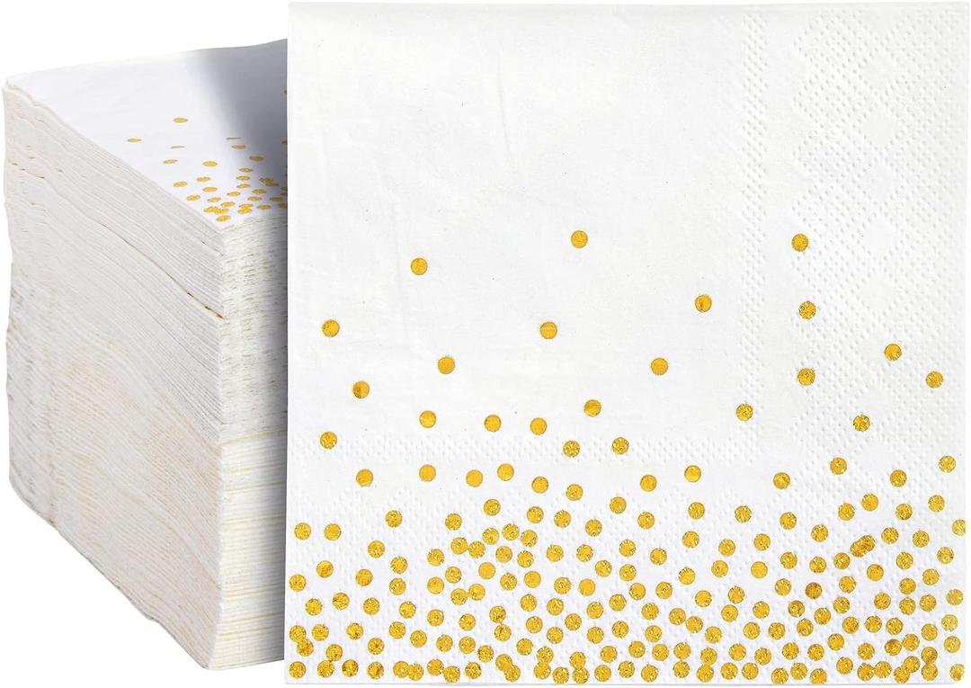100-Pack 5 x 5 in Paper Cocktail Napkins - Disposable White & Gold Polka Dot Napkins for Wedding Reception, Bridal Shower, 70th Birthday & Party Supplies
