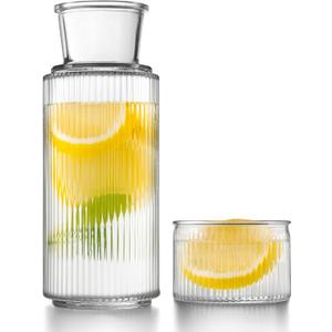 Bedside Water Carafe and Glass Set, Classic Vertical-Striped 27oz Glass Carafe with 7.1oz Tumbler Lid, Nightstand Water Pitcher, Bathroom Mouthwash Dispenser, Elegant Gift for Home & Office (Clear)