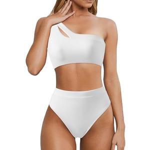 MOOSLOVER Women Cutout One Shoulder High Waisted Bikini High Cut Two Piece Swimsuits, M