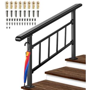Updated Handrails for Outdoor Steps, 2-3 Steps Wrought Iron Stair Railing with Fence, Flexible Exterior Hand Railing for Concrete or Wooden Stairs, Black Transitional Handrails with Installation Kit