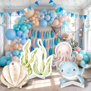 Honoson 4 Pcs Large 24" x 32" Under The Sea Party Decorations Ocean Themed Baby Shower Backdrop Marine Animals Cardboard Cutouts Sign Photo Props for Birthday Party Supplies