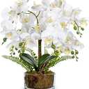 White Orchids Artificial Flowers 16.5" Faux Orchids Plant in Pot Fake Flower Arrangements with Glass Vases White Centerpieces for Kitchen Dining Room Tables Bathroom Nightstand Shelf Desk Decor, White Orchid & Moss