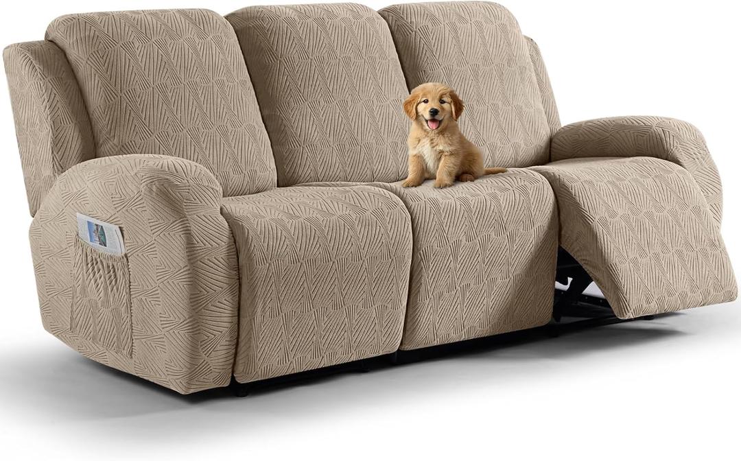 VANSOFY Recliner Couch Cover, 8-Pieces Stretch Recliner Sofa Cover Soft Jacquard Reclining Slipcover Furniture Protector with Elastic Bottom for Kid, Pets(3 Seat,Khaki)