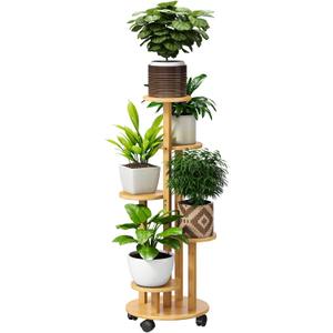 FILWH Plant Stand For Outdoor Indoor Tall Bamboo Flower Stand with Wheels Plant Shelf Pot Holder Plants Corner Display Rack for Balcony Garden Patio(Natural)