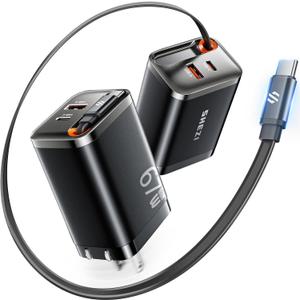 67W USB C Charger Block with USBC Cable Retractable, for iPhone 17 Charger GaN Fast Charging Wall USB Block with Foldable Plug, Multi-Port Travel Chargers for iPhone, iPad, MacBook, Laptop, Samsung