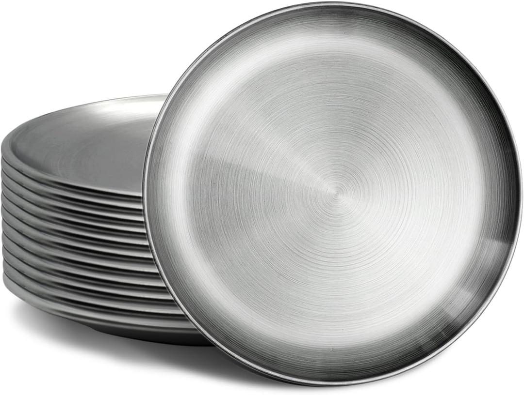 Stainless Steel Plates Silver Lightweight Unbreakable Dinner Dishes Plates Set Feeding Serving Camping Reusable and Dishwasher Safe (12Pcs 8 Inches)
