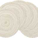 SHACOS Round Placemats Set of 6 Boho Braided Bordered Placemats 15 inch for Dining Tables Wedding Holiday Party (Ivory Bordered, 6)