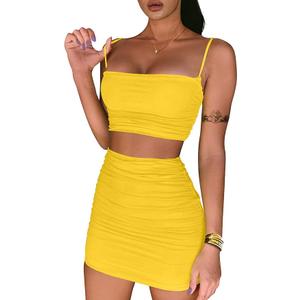 BEAGIMEG Women's Ruched Cami Crop Top Bodycon Skirt 2 Piece Outfits Dress (Yellow), Small
