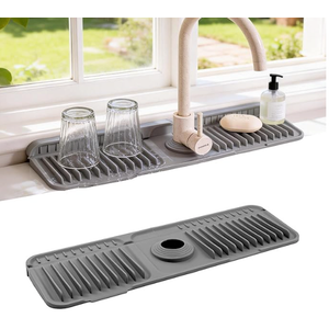 Faucet Mat for Kitchen Sink, 17.7"X5.5" Silicone Sink Splash Guard with Soap Holder, Snap-On Design & 7°slope Fast Drain, Folding Sink Faucet Mat for Universal Kitchen Bathroom Sink（Grey）